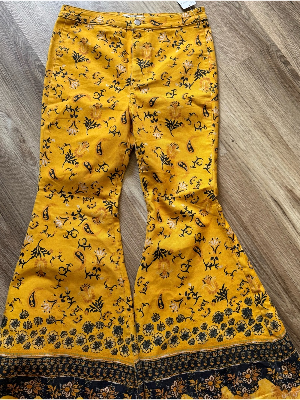 Free People Mustard Yellow Floral Flare Jeans